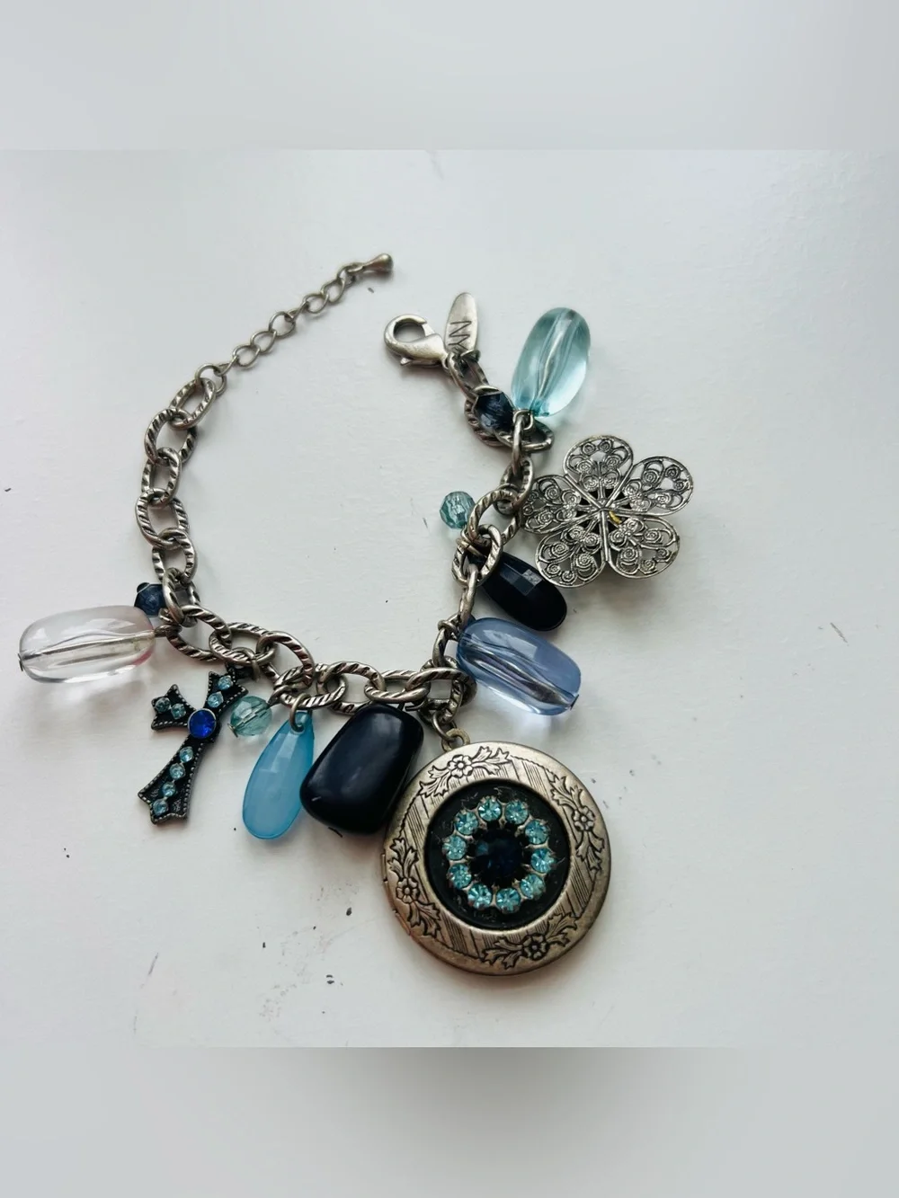 DKNY Silver-Tone Bracelet with Blue and Aqua Charms